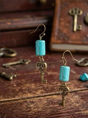 Turquoise and Gold Key Dangle Earrings